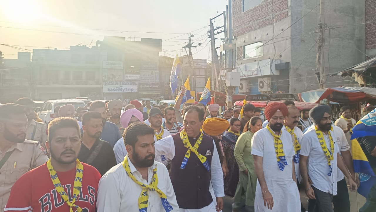 Dr. Raj Kumar Chabbewal takes out a foot march in support of AAP candidate Sanjeev Arora in Ludhiana West